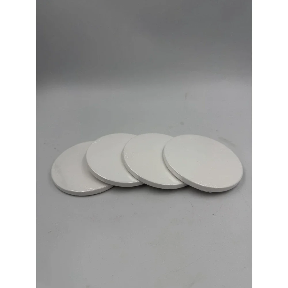 Set Of 4 Sealed Ceramic White Disc Coasters 3.5in Rounds 1/4